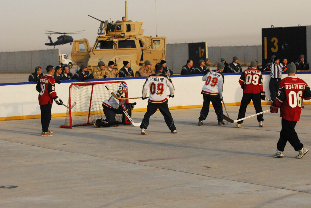 Minnesota National Guardsmen compete in Iraq between the Soldiers of the 834 Aviation Support Battalion "Skaters" and the Airmen of the 148 Fighter Wing "Bulldogs."